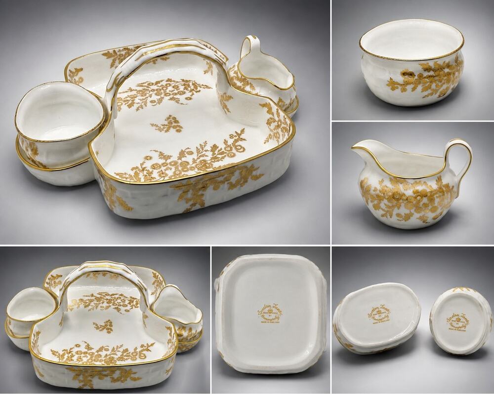 Hammersley Golden Fancy Strawberry Server Creamer Sugar Handled Tray England